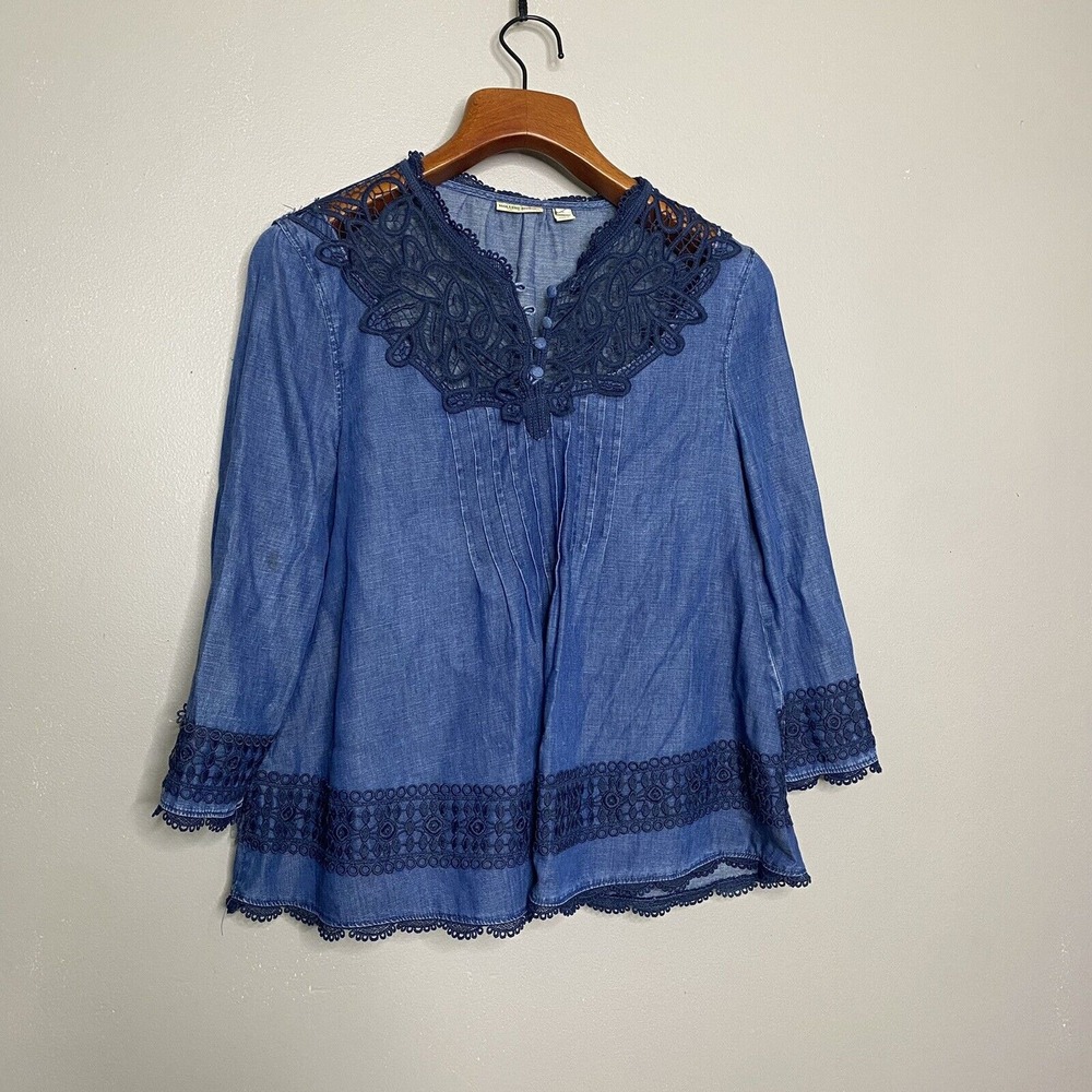 Holding Horses Anthropologie Perra Blue Lace Chambray Popover Blouse Top Size‎ 6